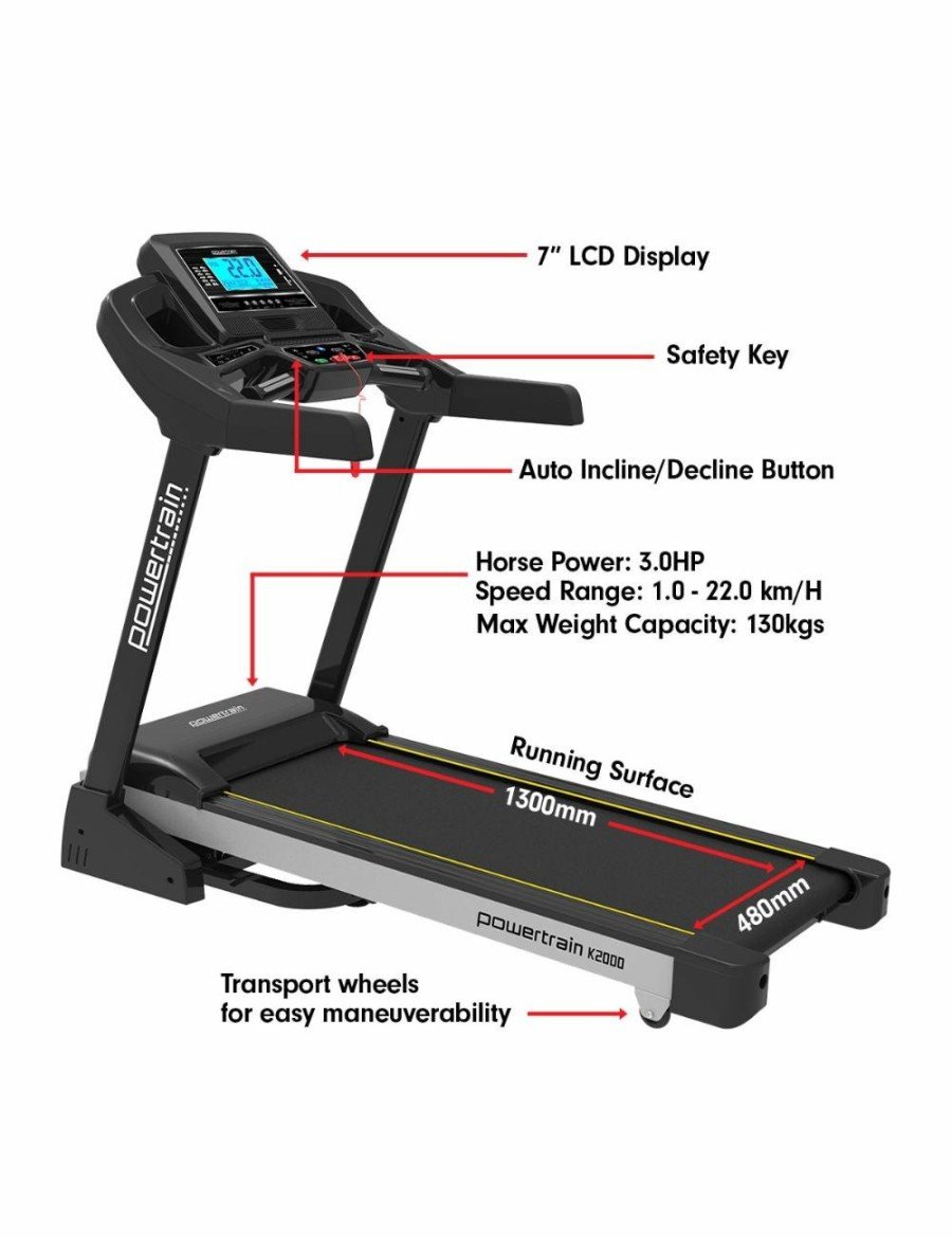 Sport & Fitness Powertrain Sports Treadmills | Powertrain K2000 Treadmill W/ Fan & Auto Incline Speed 22Km/H