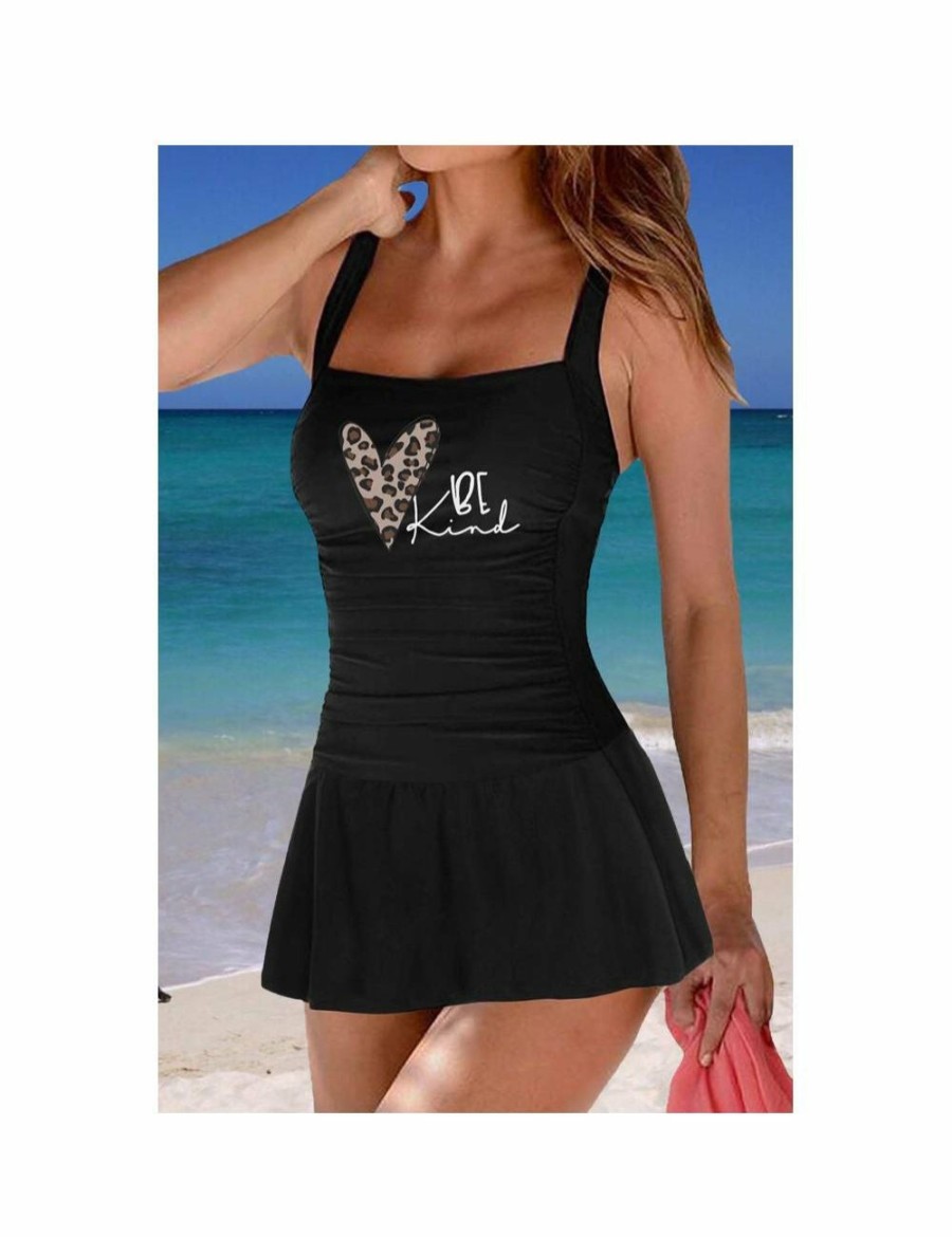 Women Azura Exchange Swimdress | Azura Exchange Black Printed Ruched One Piece Swim Dress