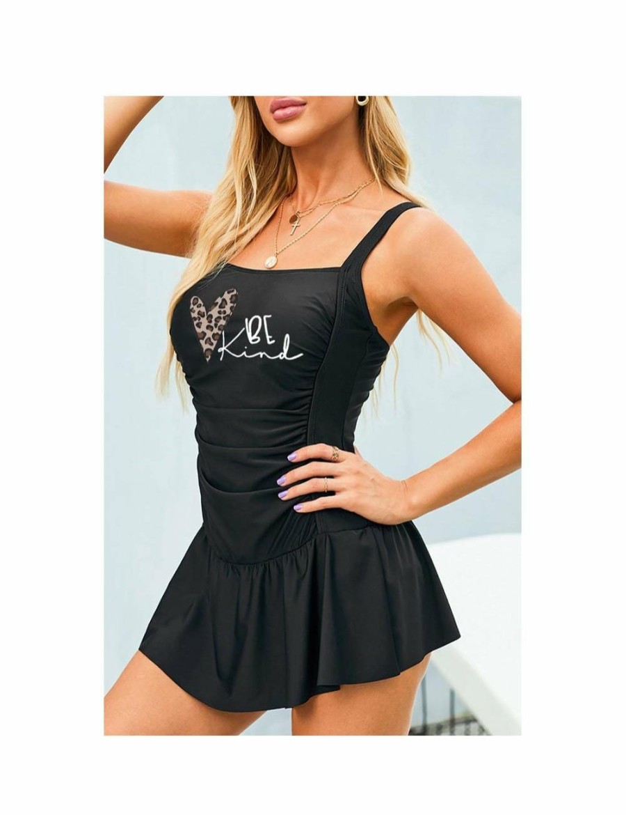 Women Azura Exchange Swimdress | Azura Exchange Black Printed Ruched One Piece Swim Dress