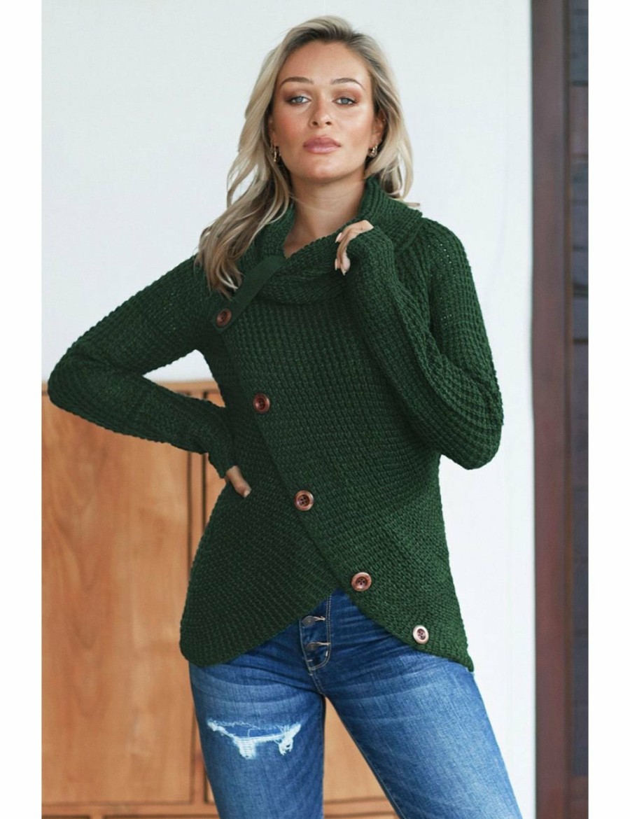 Women Azura Exchange Wraps & Ponchos | Olive Green Buttoned Wrap Turtleneck Sweater