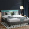 Home And Lifestyle Oikiture Beds | Oikiture Bed Frame Rgb Led Double Size Mattress Base Platform Wooden Grey Fabric