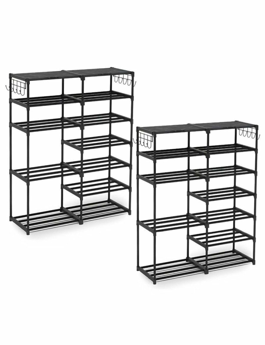 Home And Lifestyle Soga Bedroom Storage | Soga 2X 12-Shelf Tier Shoe Storage Shelf Space-Saving Caddy Rack Organiser With Side Hooks Black