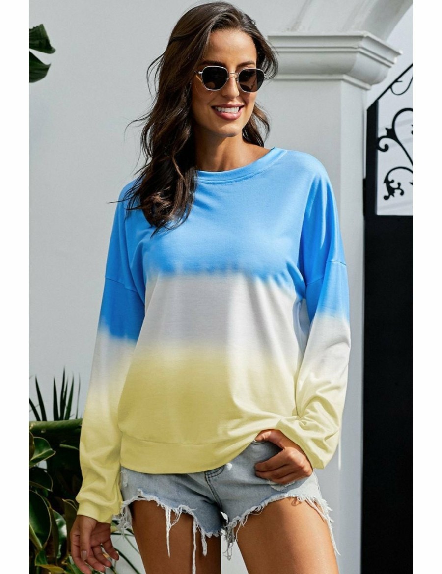 Women Azura Exchange Active Jackets | Blue Color Block Tie Dye Pullover Sweatshirt