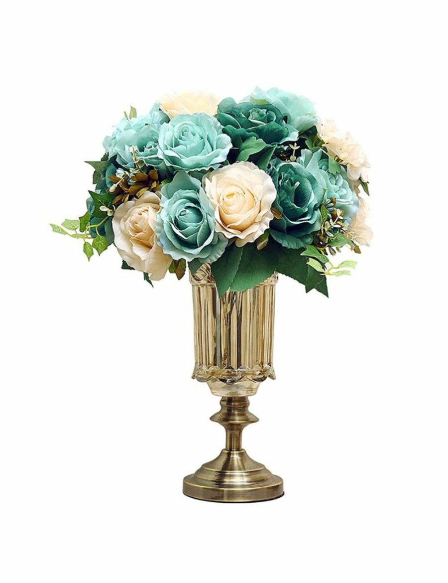 Home And Lifestyle Soga Vases & Bowls | Soga 28.5Cm Glass Vase With Metal Base With Blue Flowers