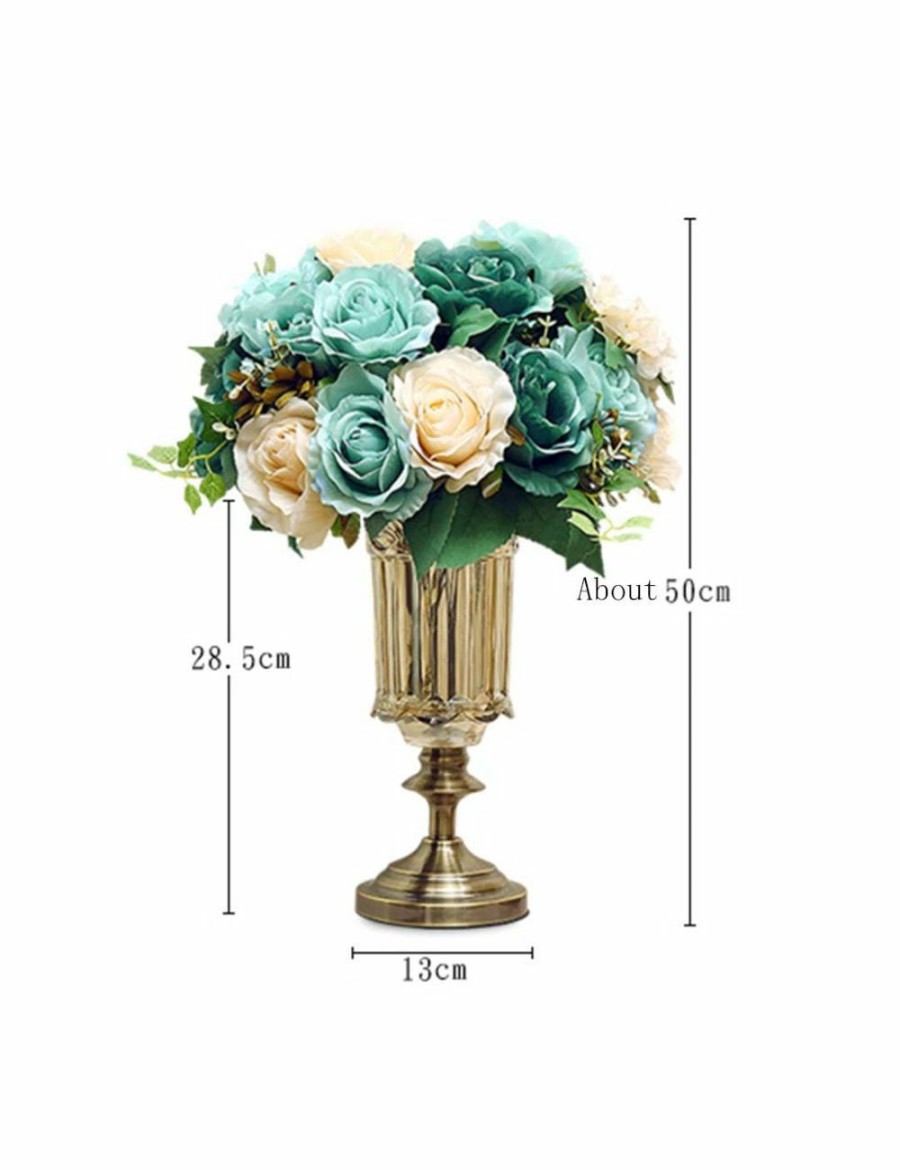 Home And Lifestyle Soga Vases & Bowls | Soga 28.5Cm Glass Vase With Metal Base With Blue Flowers