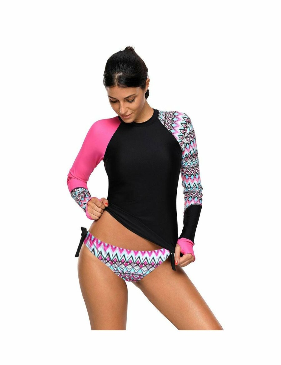 Women Azura Exchange Tankini | Azura Exchange Contrast Rosy Detail Long Sleeve Tankini Swimsuit