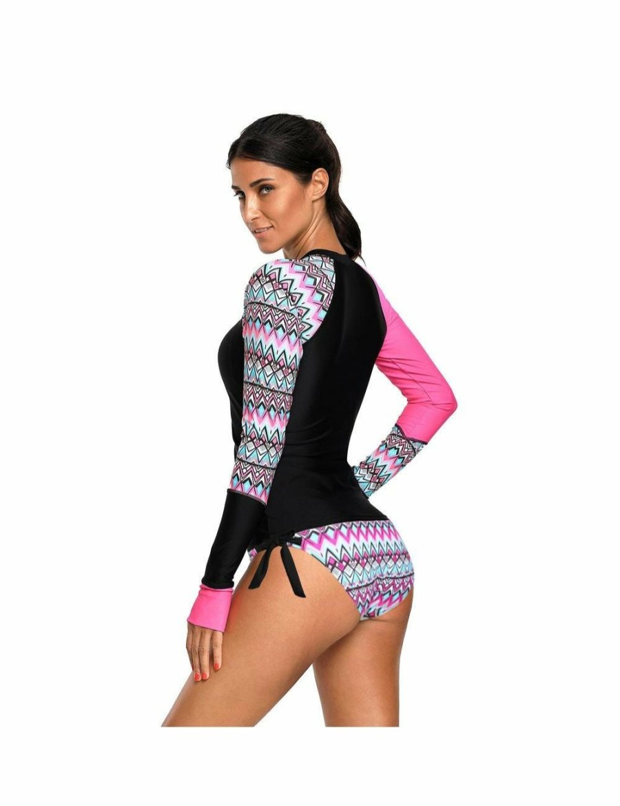 Women Azura Exchange Tankini | Azura Exchange Contrast Rosy Detail Long Sleeve Tankini Swimsuit