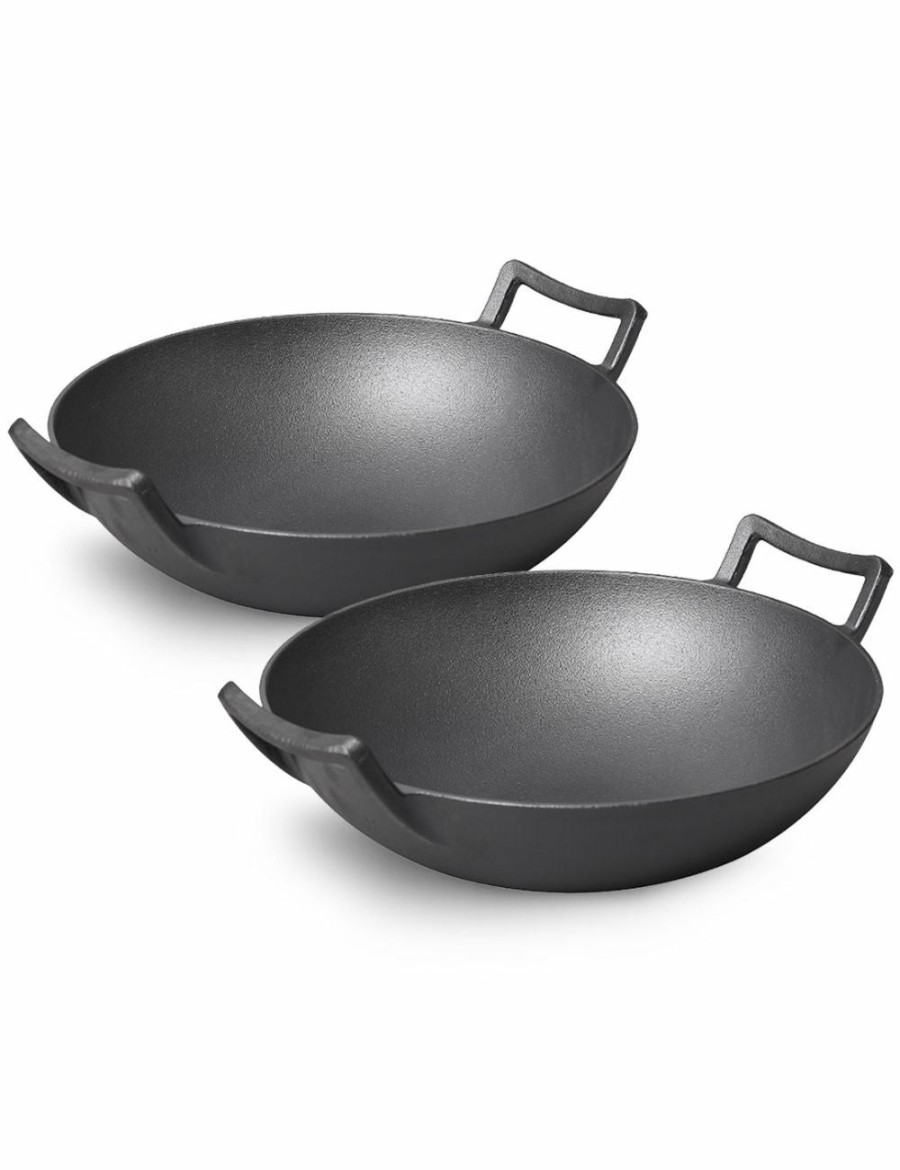 Home And Lifestyle Soga Cookware | Soga 32Cm Commercial Cast Iron Wok Frypan With Dble Handle 2Pack