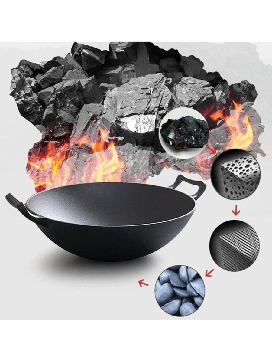 Home And Lifestyle Soga Cookware | Soga 32Cm Commercial Cast Iron Wok Frypan With Dble Handle 2Pack