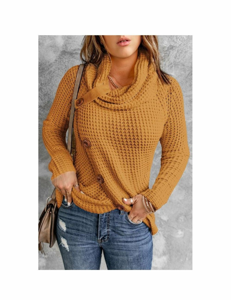 Women Azura Exchange Wraps & Ponchos | Azura Exchange Mustard Buttoned Wrap Turtleneck Sweater