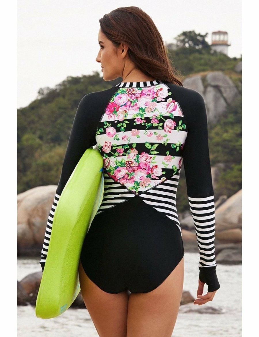 Women Fashion Boutique Rashies | Floral Striped Patchwork Rashguard One-Piece Swimsuit