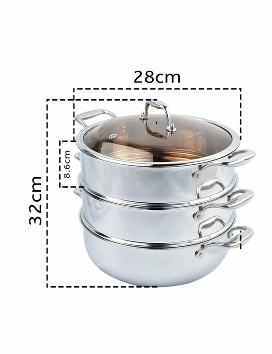 Home And Lifestyle Soga Cookware | Soga 3 Tier 28Cm Heavy Duty Stainless Steel Food Steamer Vegetable Pot Stackable Pan Insert With Glass Lid