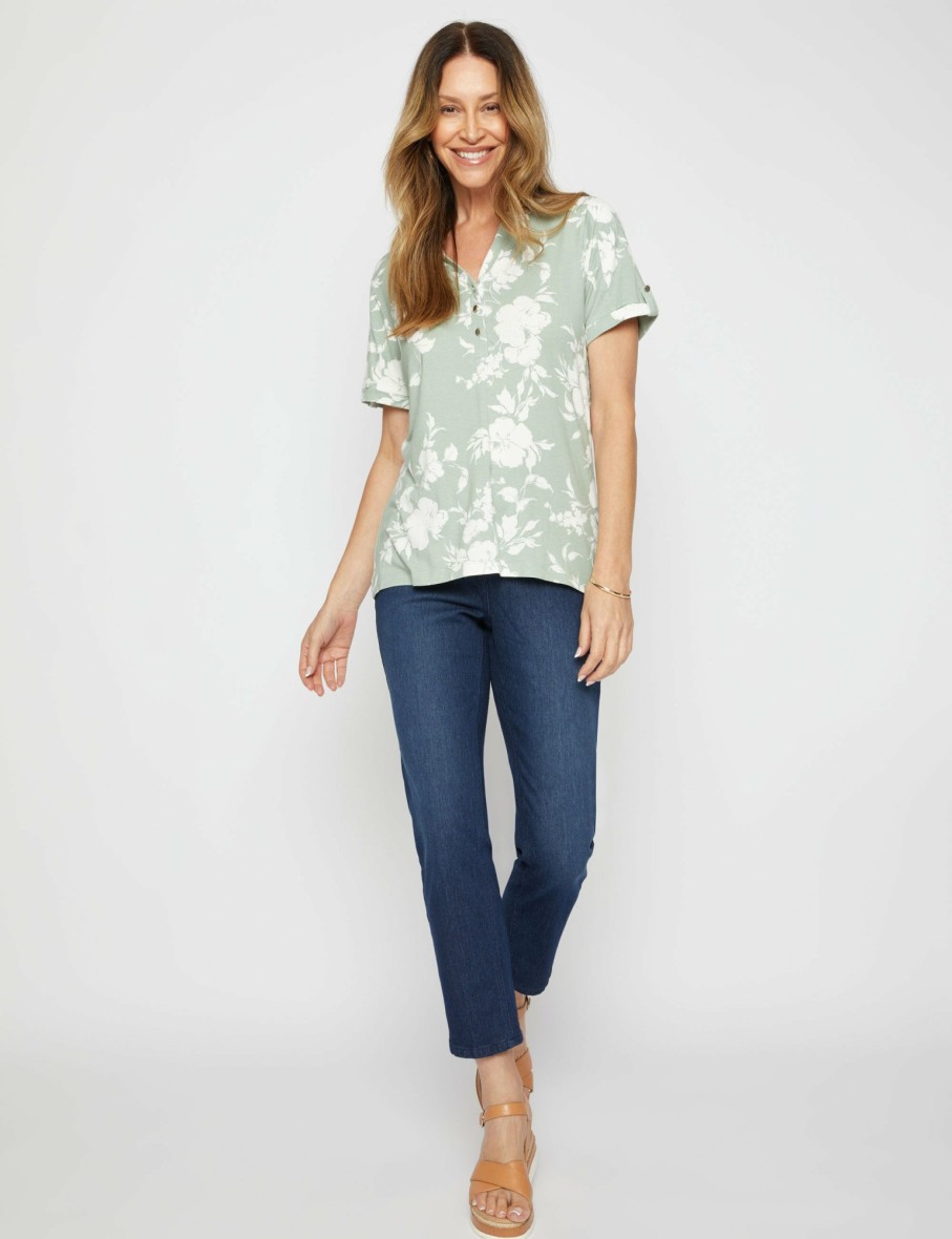 Women Millers Tees | Millers Extended Sleeve Half Placket Top With Sleeve Tab