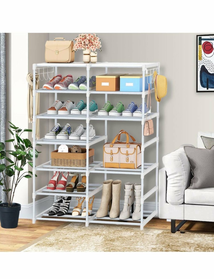 Home And Lifestyle Soga Bedroom Storage | Soga 12-Shelf Tier Shoe Storage Shelf Space-Saving Caddy Rack Organiser With Side Hooks White