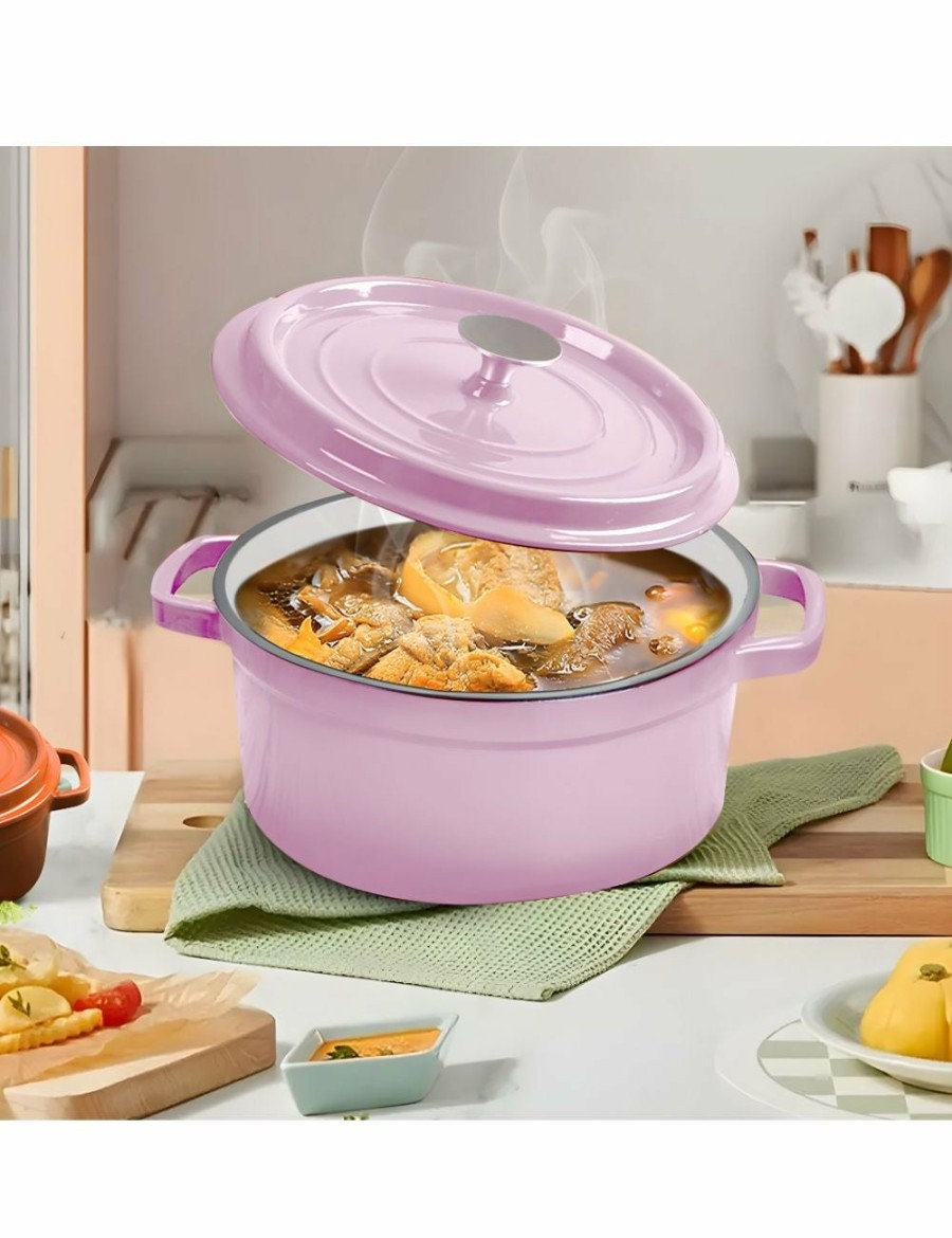 Home And Lifestyle Soga Pots & Planers | Soga 2X 24Cm Pink Cast Iron Ceramic Stewpot Casserole Stew Cooking Pot With Lid