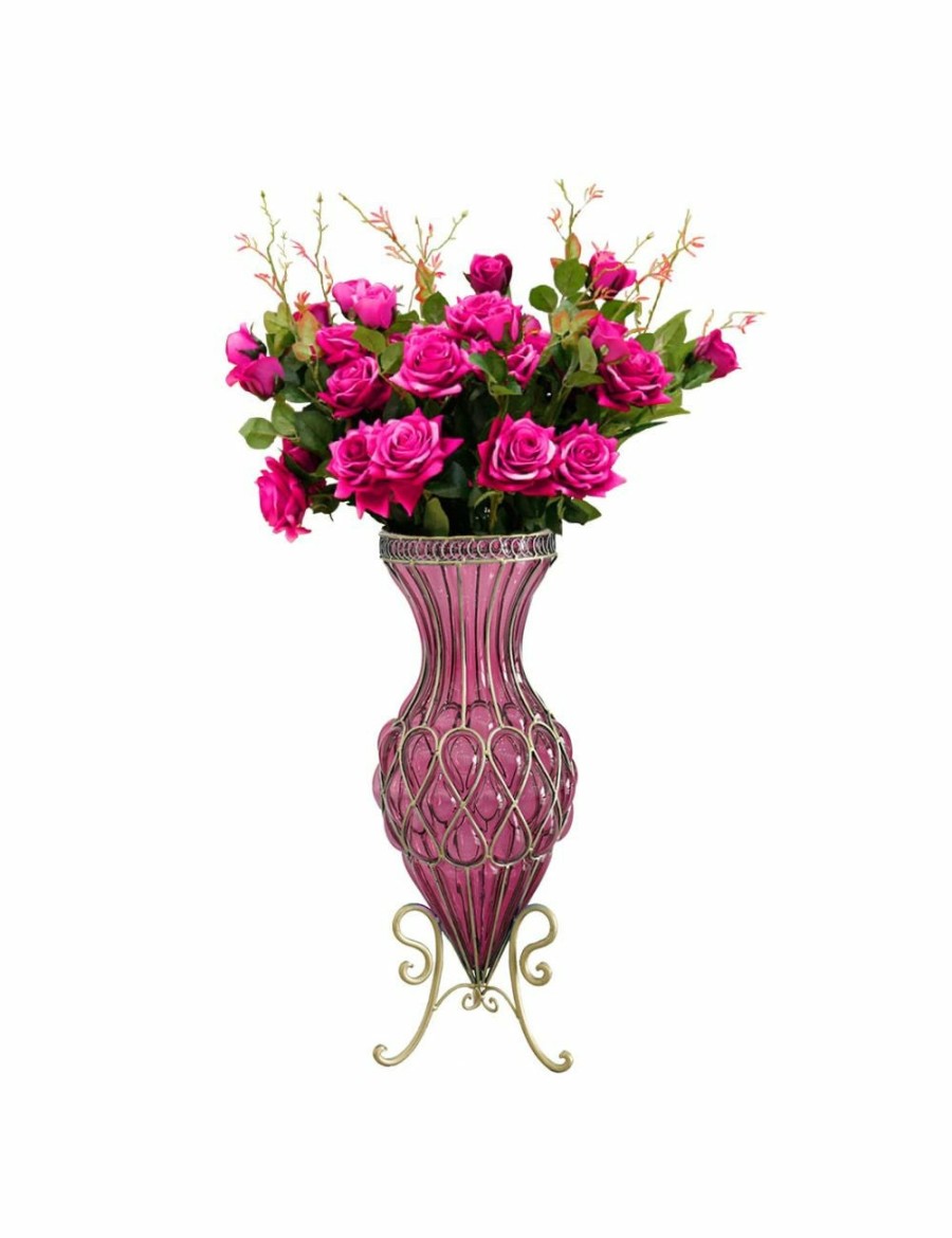 Home And Lifestyle Soga Artifical Plants | Soga 67Cm Purple Glass Tall Floor Vase And 12Pcs Dark Pink Artificial Fake Flower Set