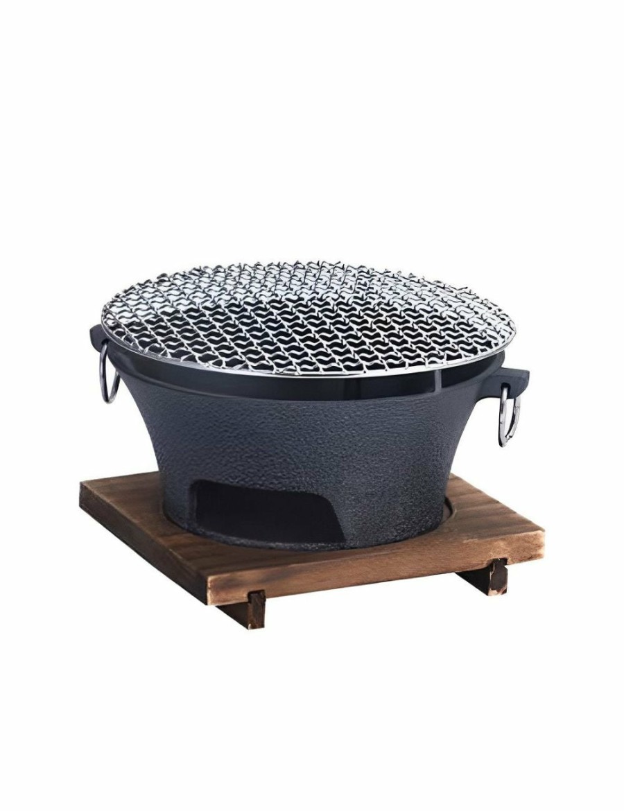 Outdoors Soga | Soga Small Cast Iron Round Stove Charcoal Table Net Grill Japanese Style Bbq Picnic Camping With Wooden Board