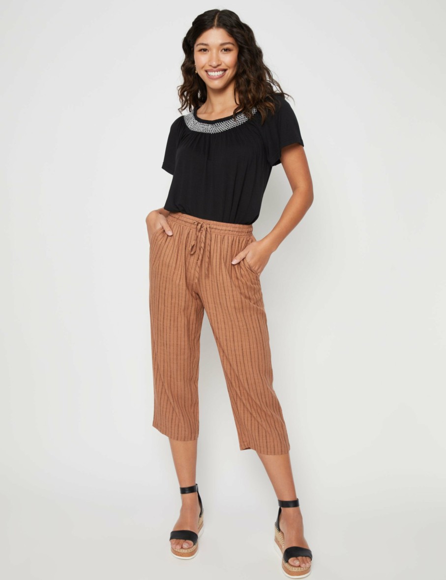 Women Millers Pants | Millers Crop Length Yarn Dyed Stripe Drawcord Waist Linen Blend Pant