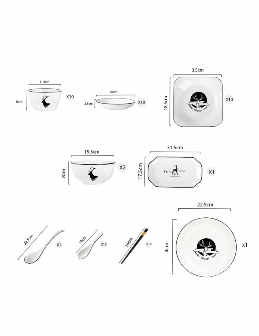 Home And Lifestyle Soga Dinnerware | Soga White Antler Printed Ceramic Dinnerware Set Crockery Soup Bowl Plate Server Kitchen Home Decor Set Of 34