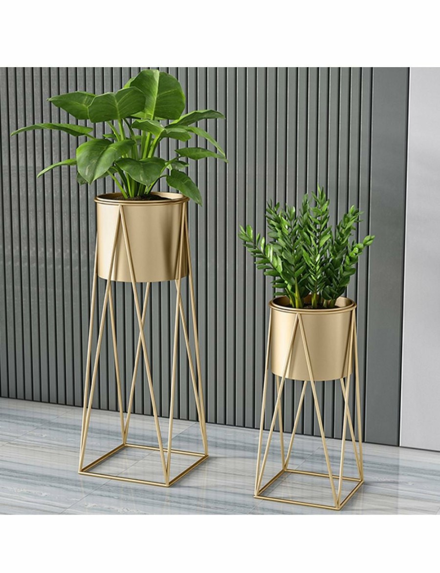 Home And Lifestyle Soga Pots & Planers | Soga 50Cm Gold Metal Plant Stand With Gold Flower Pot Holder Corner Shelving Rack Indoor Display