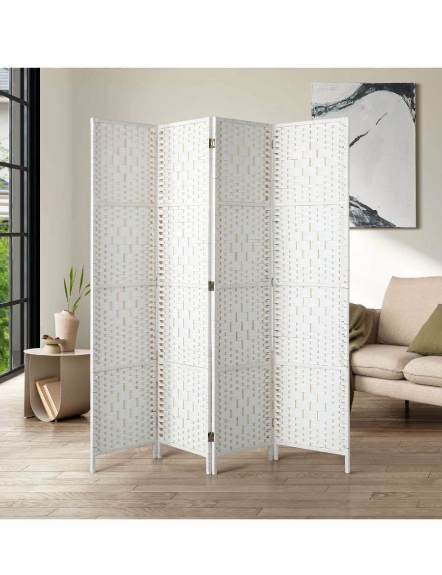 Home And Lifestyle Oikiture Room Dividers | Oikiture 4 Panel Room Divider Screen Privacy Dividers Woven Wood Folding White