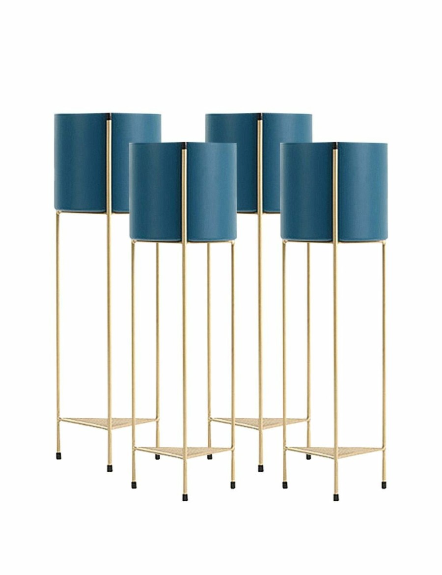 Home And Lifestyle Soga Napery | Soga 4X 2 Layer 81Cm Gold Metal Plant Stand With Blue Flower Pot Holder Corner Shelving Rack Indoor Display