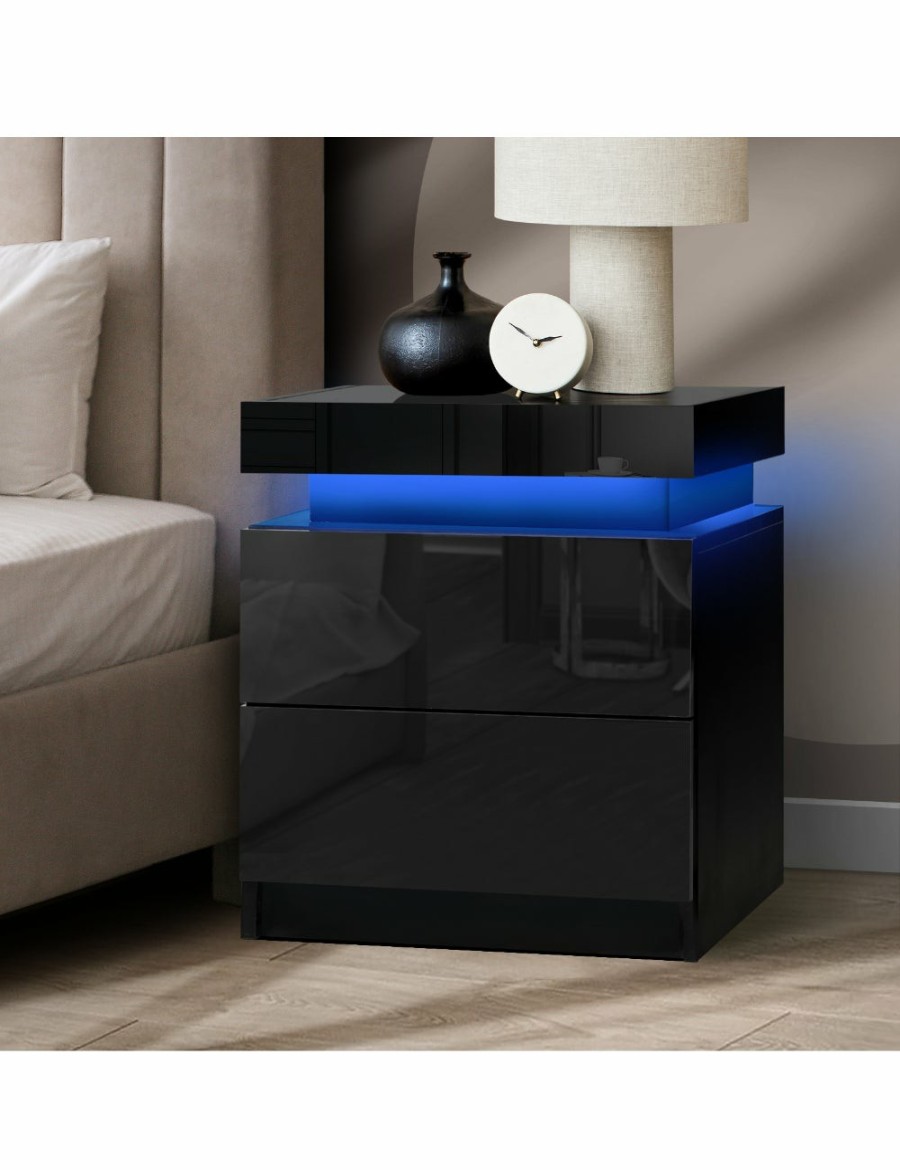 Home And Lifestyle Oikiture Bedside Tables | Oikiture Bedside Table Rgb Led Nightstand Cabinet 2 Drawers Side Table Furniture