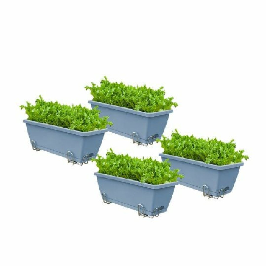 Outdoors Soga Garden Decor | Soga 49.5Cm Blue Rectangular Planter Vegetable Herb Flower Outdoor Plastic Box With Holder Balcony Garden Decor Set Of 4