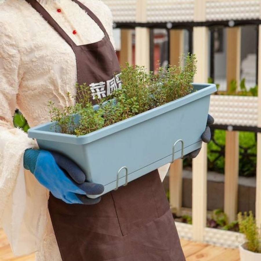 Outdoors Soga Garden Decor | Soga 49.5Cm Blue Rectangular Planter Vegetable Herb Flower Outdoor Plastic Box With Holder Balcony Garden Decor Set Of 4