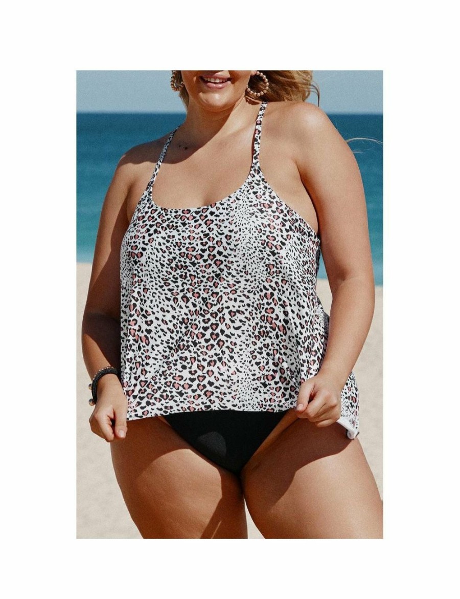 Women Azura Exchange Tankini | Azura Exchange Leopard Leopard Scoop Neck Racerback Leopard Plus Size Tankini