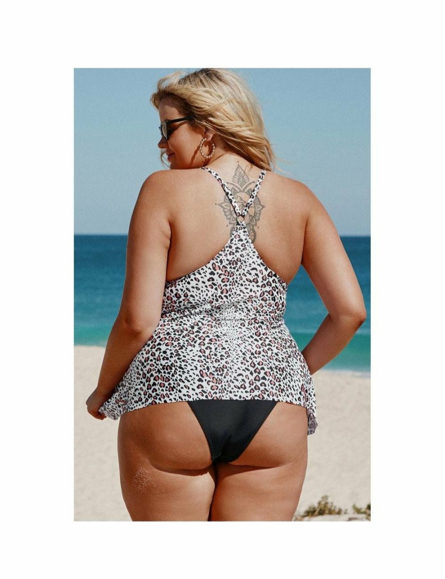 Women Azura Exchange Tankini | Azura Exchange Leopard Leopard Scoop Neck Racerback Leopard Plus Size Tankini