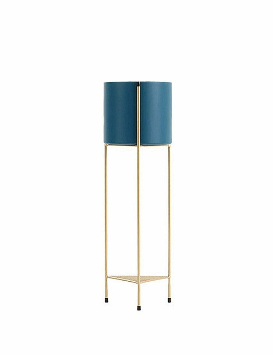 Home And Lifestyle Soga Napery | Soga 2 Layer 65Cm Gold Metal Plant Stand With Blue Flower Pot Holder Corner Shelving Rack Indoor Display