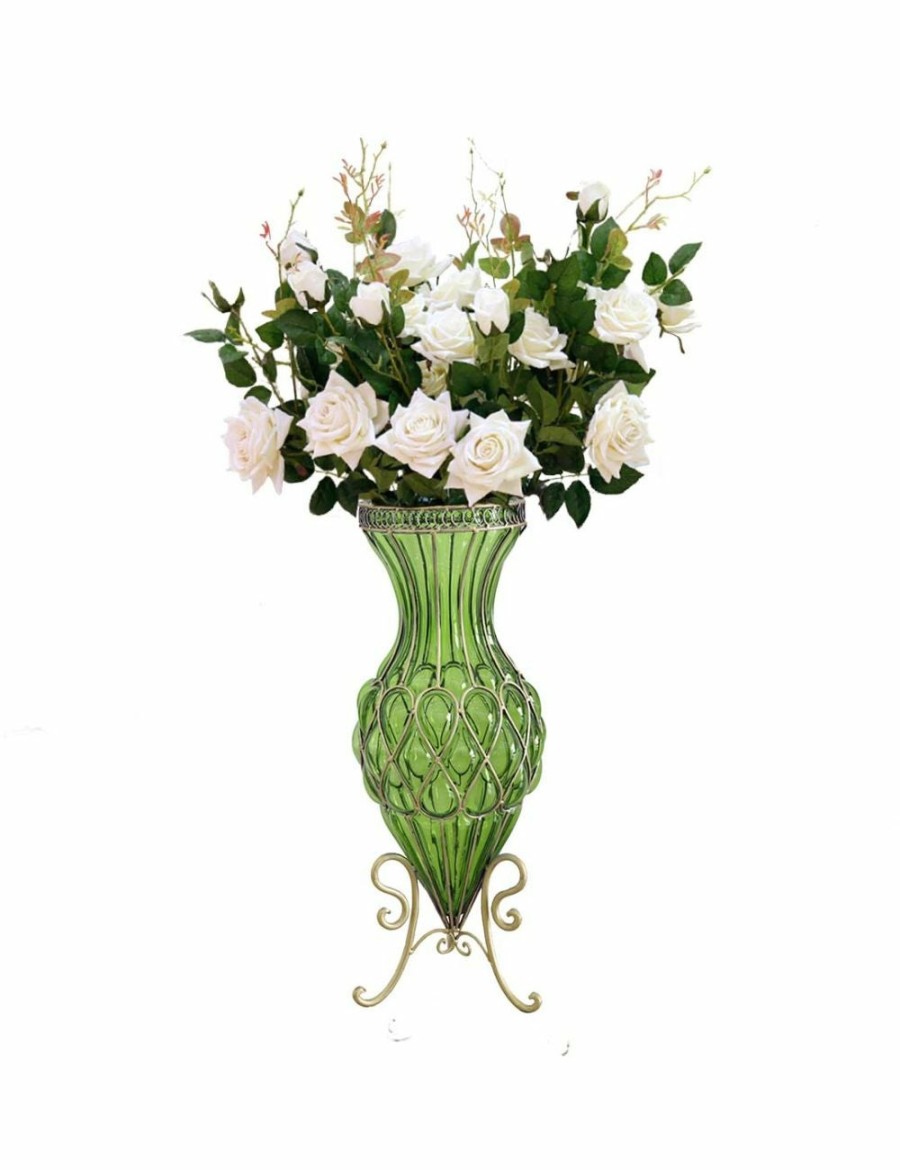 Home And Lifestyle Soga Artifical Plants | Soga 67Cm Green Glass Tall Floor Vase And 12Pcs White Artificial Fake Flower Set