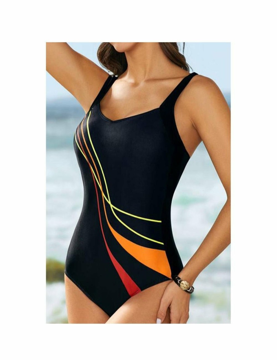 Women Azura Exchange Onepiece | Azura Exchange Black Striped Pattern Print Sleeveless One-Piece Swimsuit