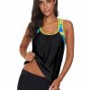 Women Fashion Boutique Tankini | Black Blouson Striped Printed Strappy T-Back Push Up Tankini Top