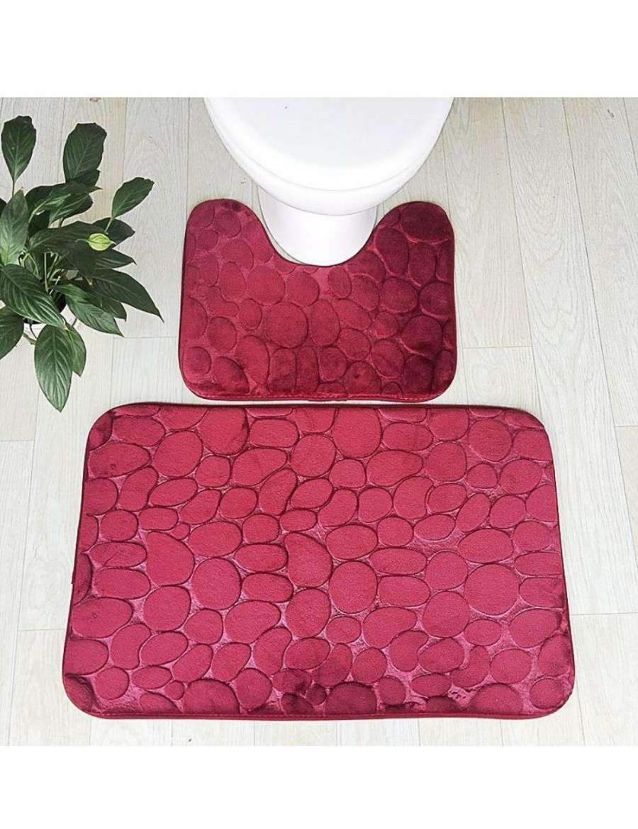 Home And Lifestyle HOD Health & Home Bath Mats | Pebbles Bath Mat Set Bathroom Square Shaped And U-Shaped Non-Slip Floor Mats - Wine Red