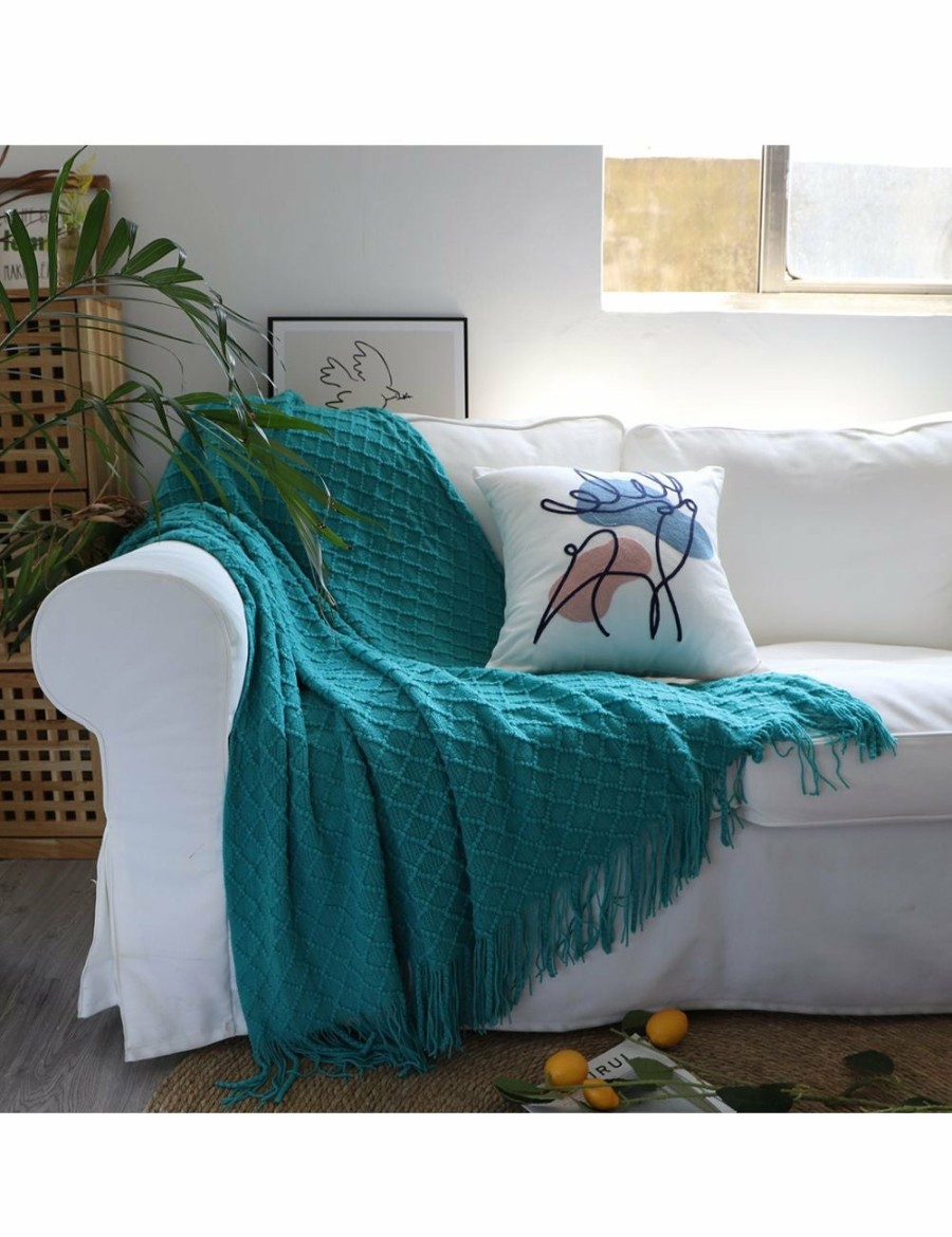 Home And Lifestyle Soga Blankets | Soga 2X Teal Diamond Pattern Knitted Throw Blanket Warm Cozy Woven Cover Couch Bed Sofa Home Decor With Tassels