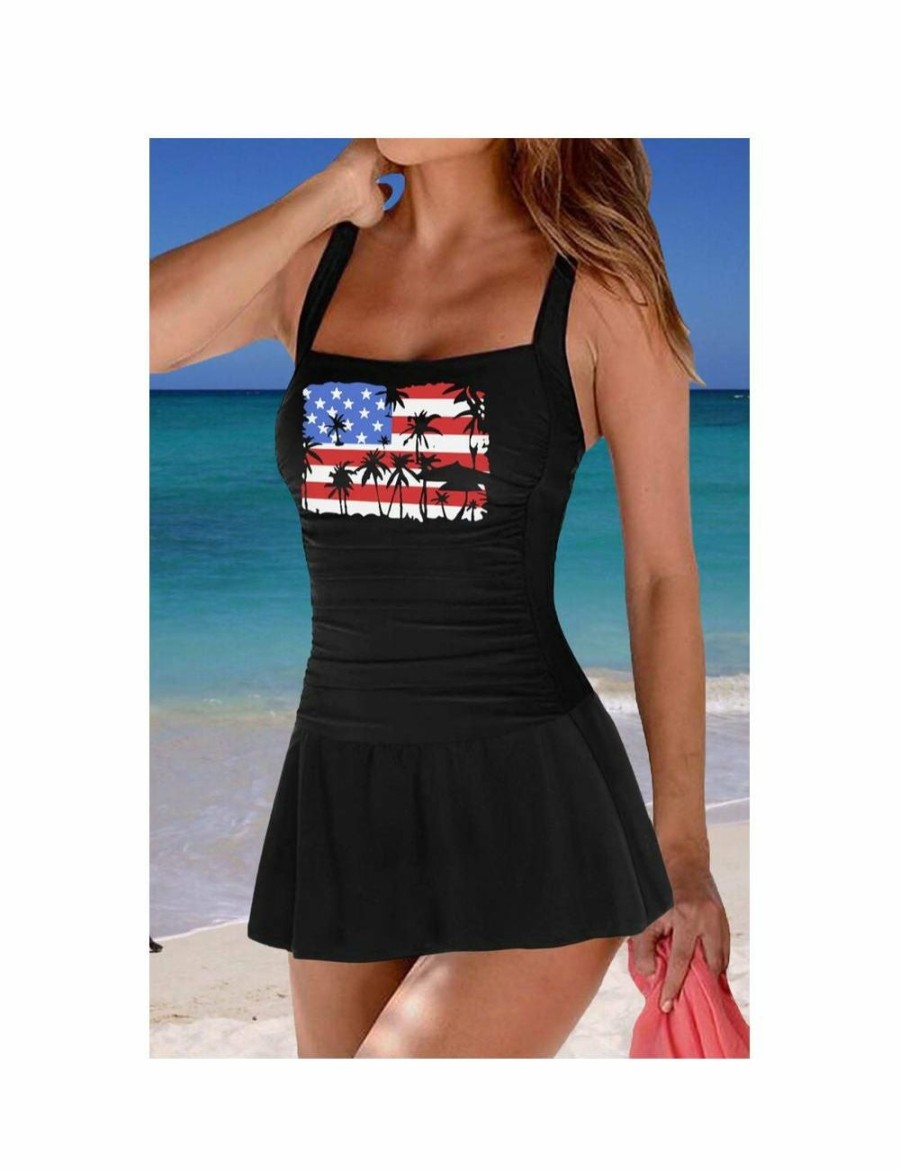 Women Azura Exchange Swimdress | Azura Exchange Black Printed Ruched One Piece Swim Dress