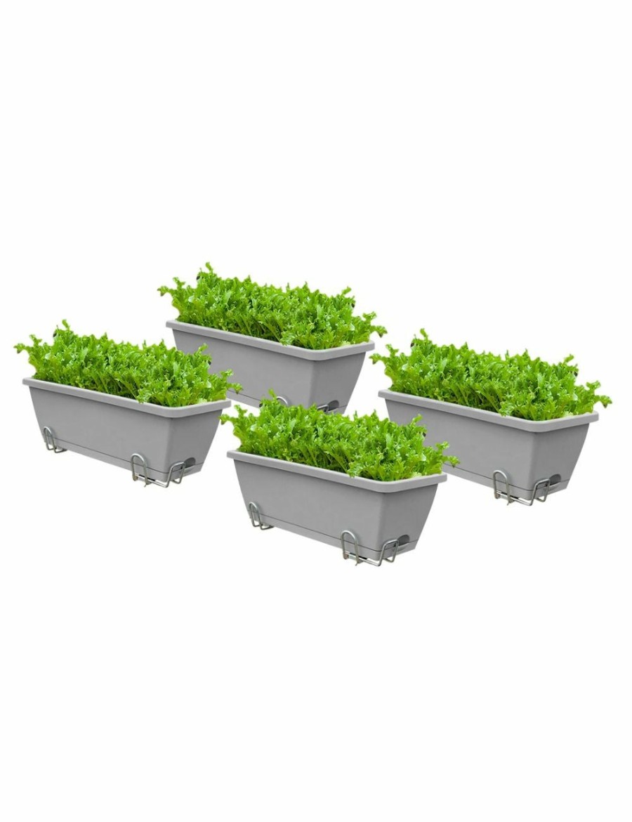 Outdoors Soga Garden Decor | Soga 49.5Cm Gray Rectangular Planter Vegetable Herb Flower Outdoor Plastic Box With Holder Balcony Garden Decor Set Of 4