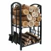 Outdoors LatestBuy | Large 2 Tier Wood Storage Rack With 4 Piece Fireplace Tools