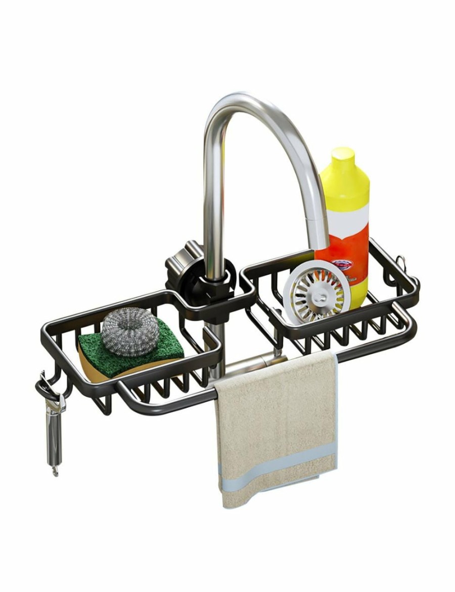 Home And Lifestyle Soga Kitchen & Laundry Fixtures | Soga Black Kitchen Sink Organiser Faucet Soap Sponge Caddy Rack Drainer With Towel Bar Holder