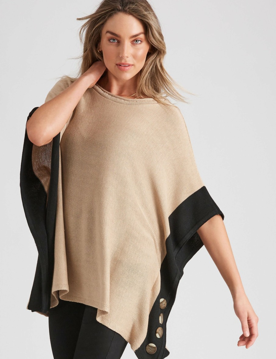 Women Rockmans Wraps & Ponchos | Rockmans Elbow Sleeve True Knitwear Poncho Buttons