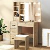 Home And Lifestyle Oikiture Dressing Tables | Oikiture Dressing Table Stool Set Makeup Slide Mirror Drawer 10 Led Bulbs Wooden