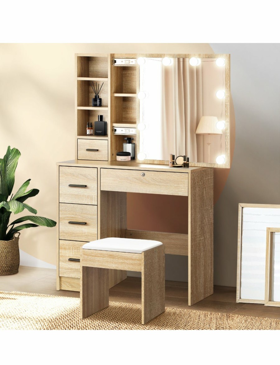 Home And Lifestyle Oikiture Dressing Tables | Oikiture Dressing Table Stool Set Makeup Slide Mirror Drawer 10 Led Bulbs Wooden