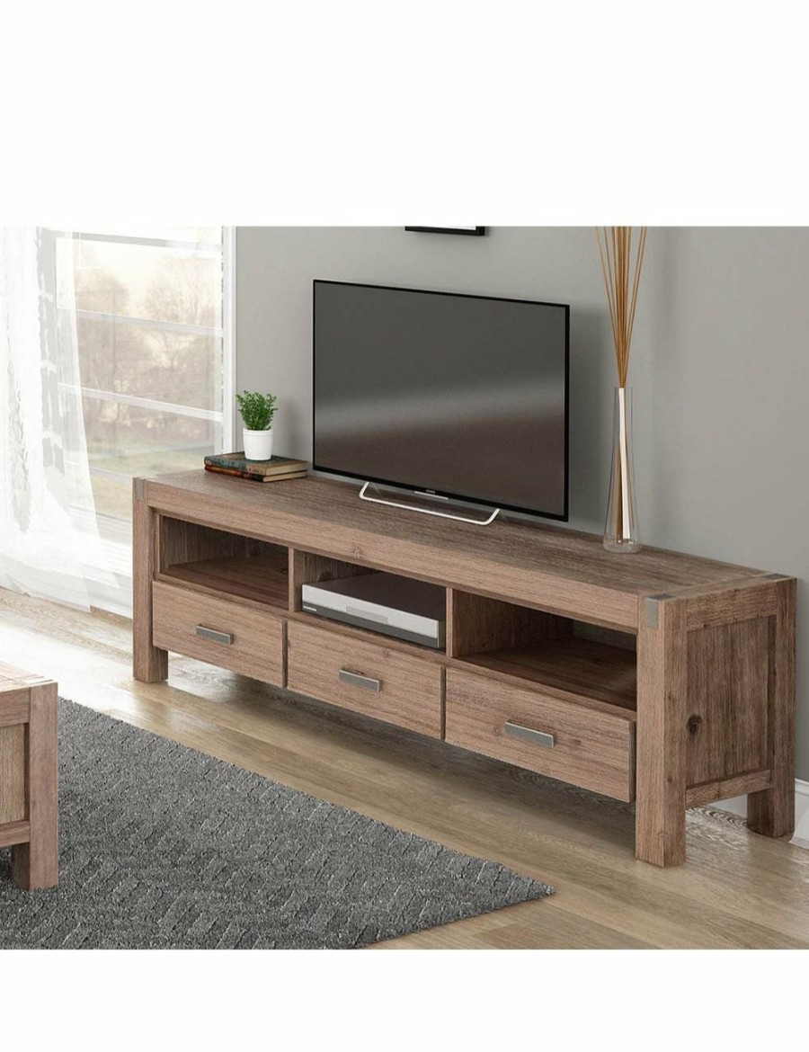 Home And Lifestyle Melbournians Furniture Entertainment Units | Tv Cabinet With 3 Storage Drawers With Shelf Solid Acacia Wooden Frame Entertainment Unit