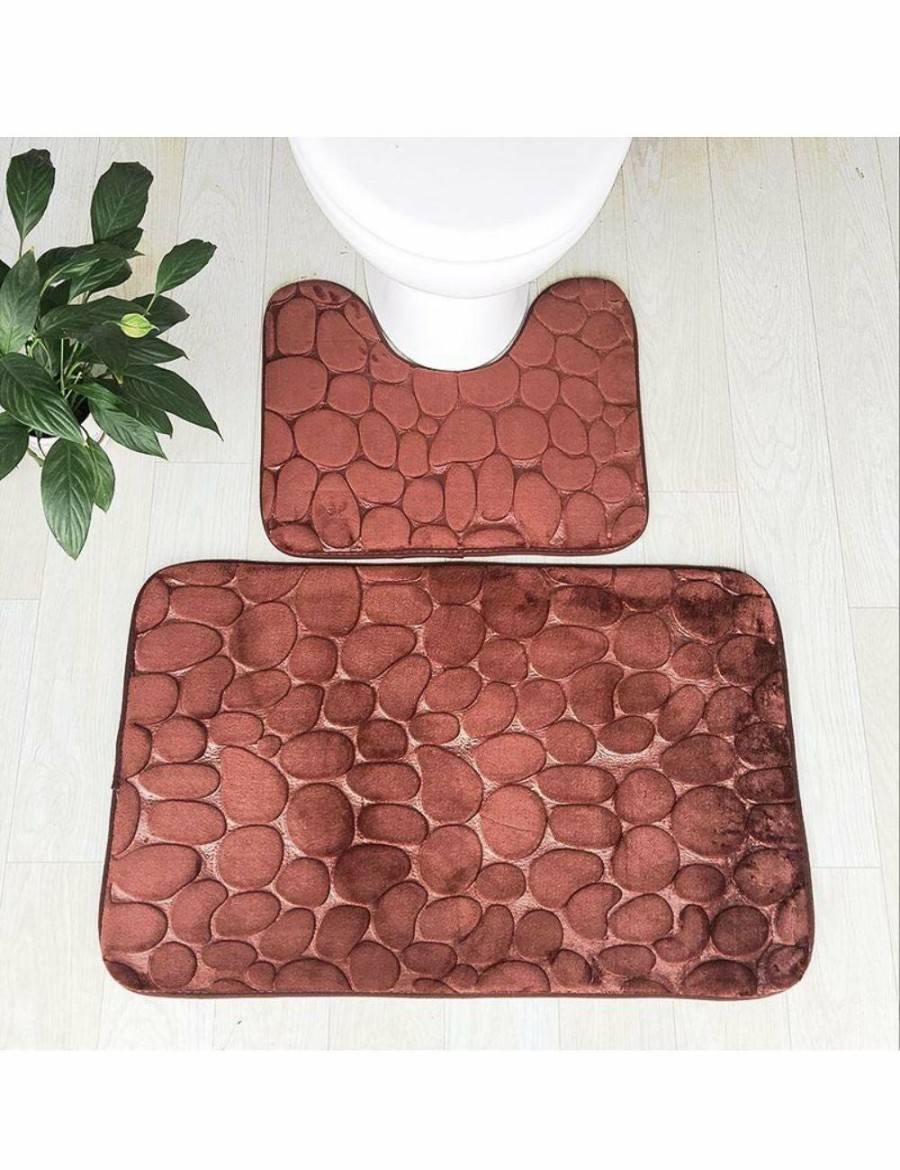 Home And Lifestyle HOD Health & Home Bath Mats | Pebbles Bath Mat Set Bathroom Square Shaped And U-Shaped Non-Slip Floor Mats - Brown