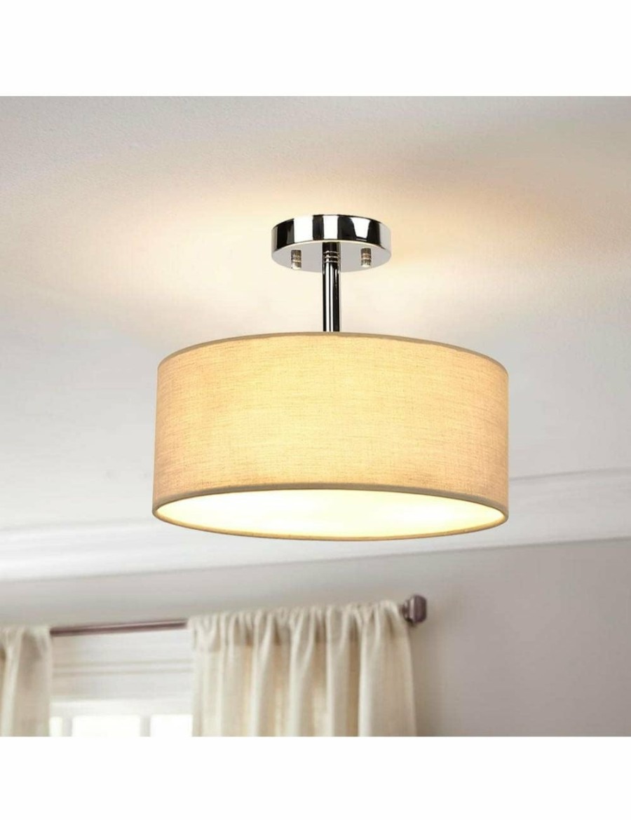 Home And Lifestyle VIKUS Shades & Fixtures | Semi Flush Ceiling Light Fixture, 3-Light Fabric Drum Lights Bedroom, E27 Entry Light Fixtures Ceiling Hanging Dining Room Kitchen Hallway Foyer Living Room Grey Finish