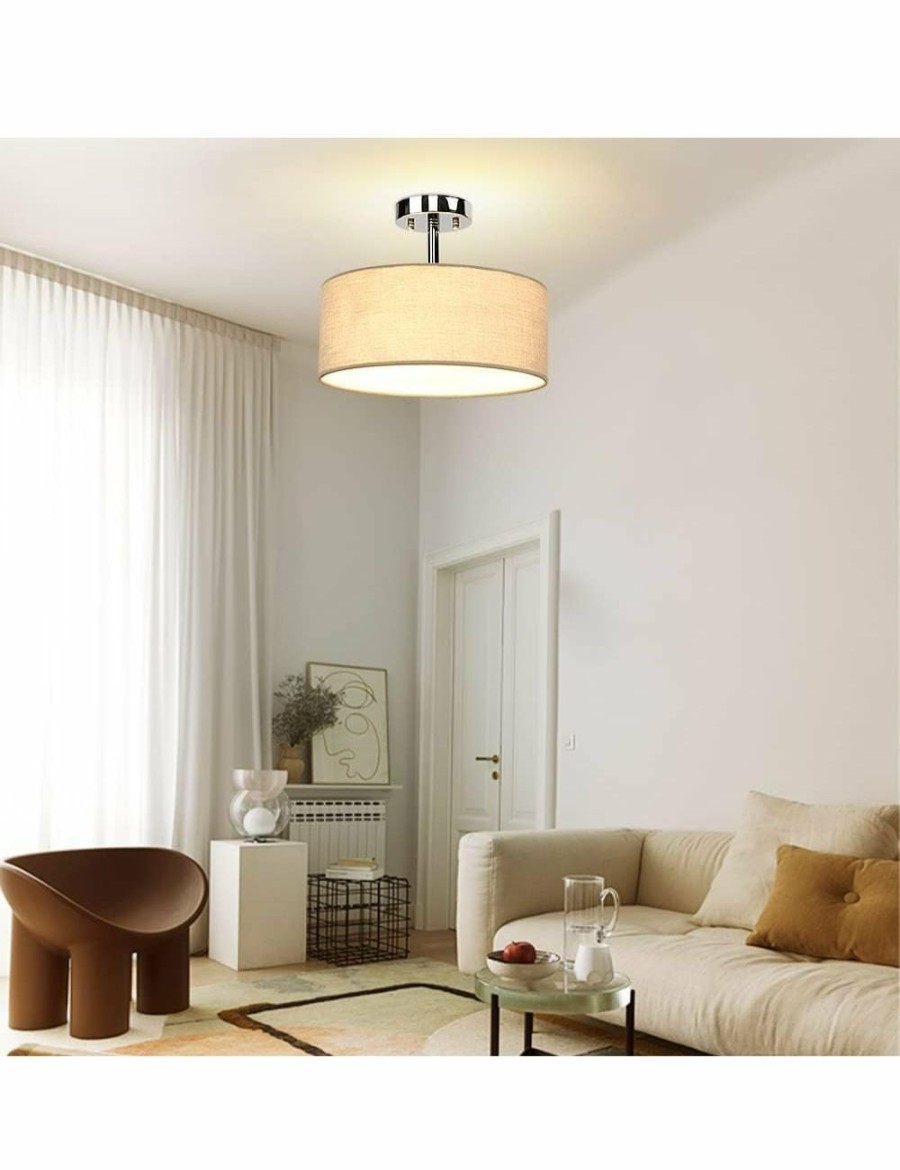 Home And Lifestyle VIKUS Shades & Fixtures | Semi Flush Ceiling Light Fixture, 3-Light Fabric Drum Lights Bedroom, E27 Entry Light Fixtures Ceiling Hanging Dining Room Kitchen Hallway Foyer Living Room Grey Finish