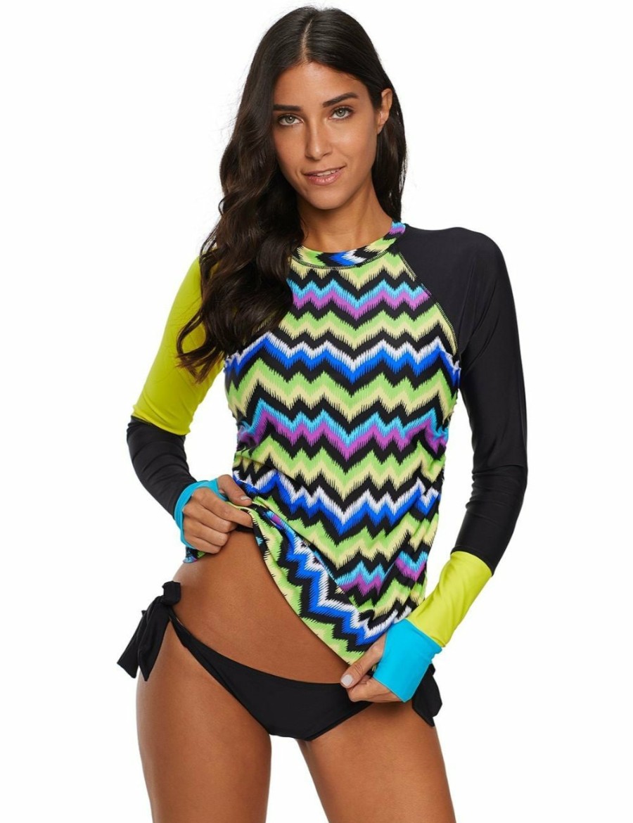 Women Fashion Boutique Rashies | Contrast Yellow Detail Long Sleeve Tankini Swimsuit