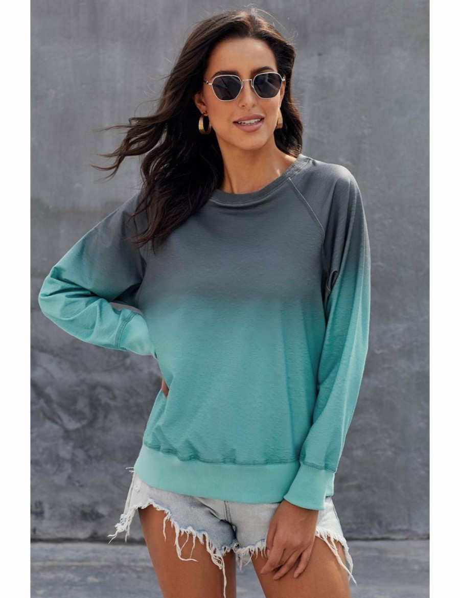 Women Azura Exchange Active Jackets | Blue Ombre Crewneck Long Sleeve Sweatshirt